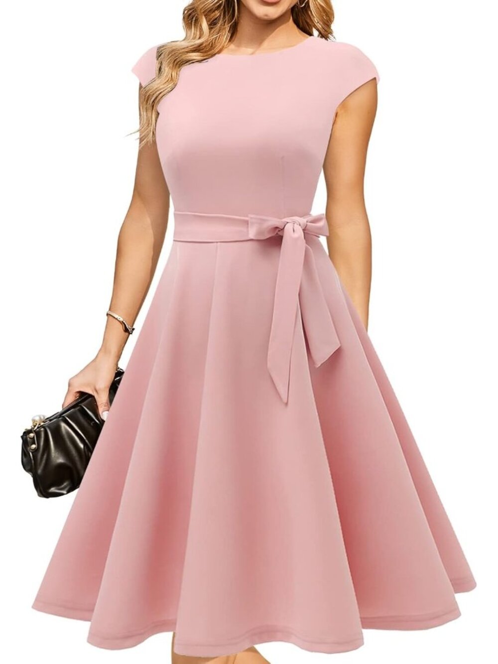 Women's Dusty Rose Cocktail A-line Detachable Belt Formal Wedding Guest Dresses